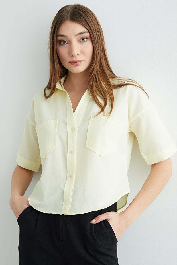 Çift Cepli Oversize Crop Gömlek - 1