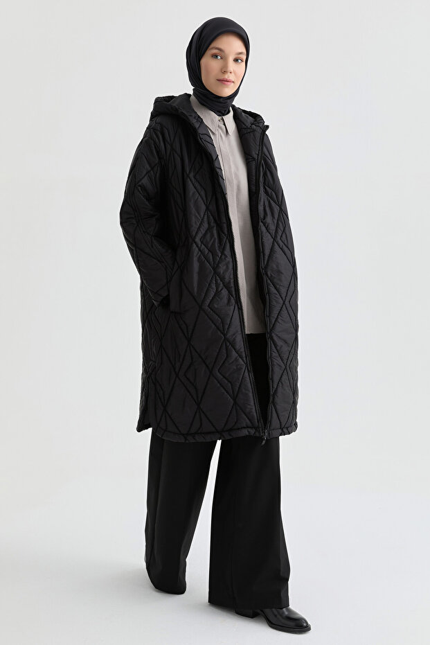 Kapüşonlu Kapitone Kaban - Siyah - 3