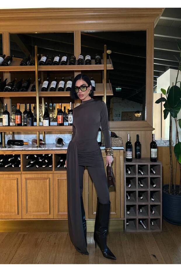 Women's Bitter Brown Skirt-Looking Belt Detailed Jumpsuit Yel221792