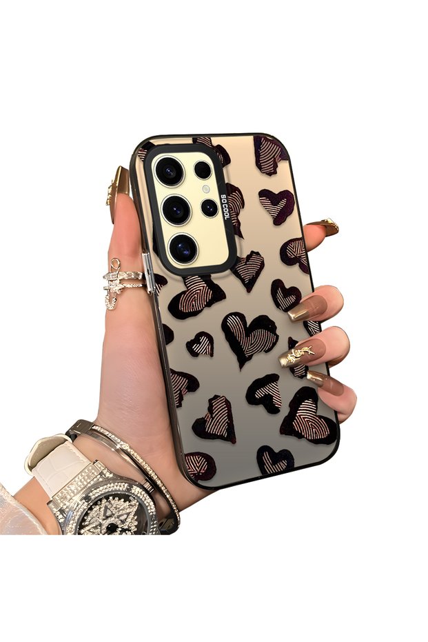 Samsung Galaxy S24 Ultra Compatible Hard Acrylic Back Silicone Edge Lens Protection Case Heart Pattern