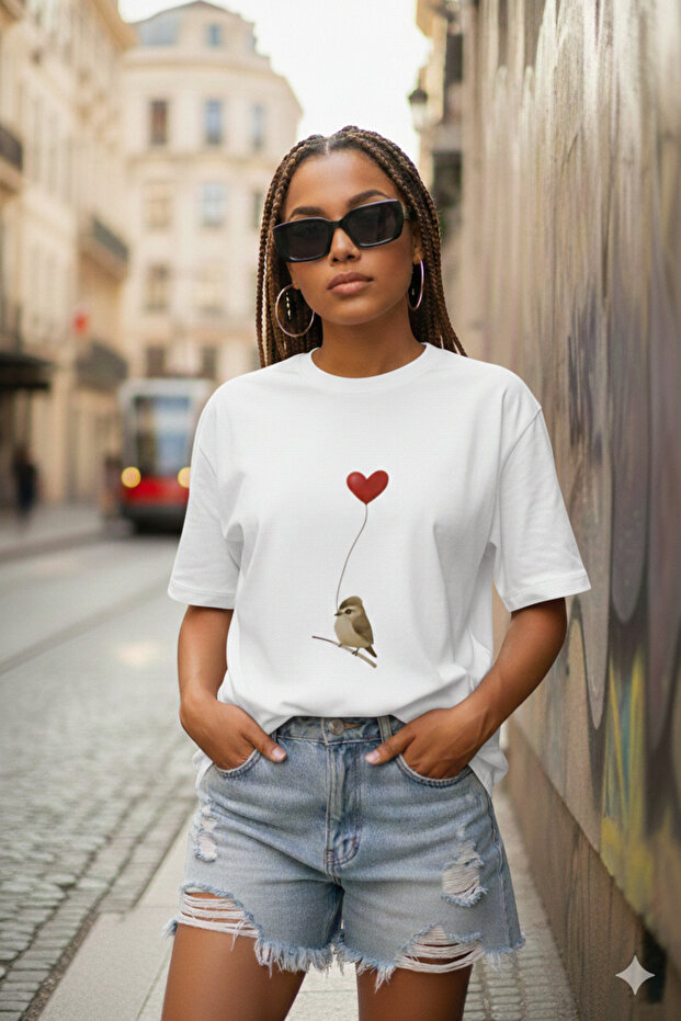 Women's Heart&Bird Printed Oversized T-Shirt Loose Fit
