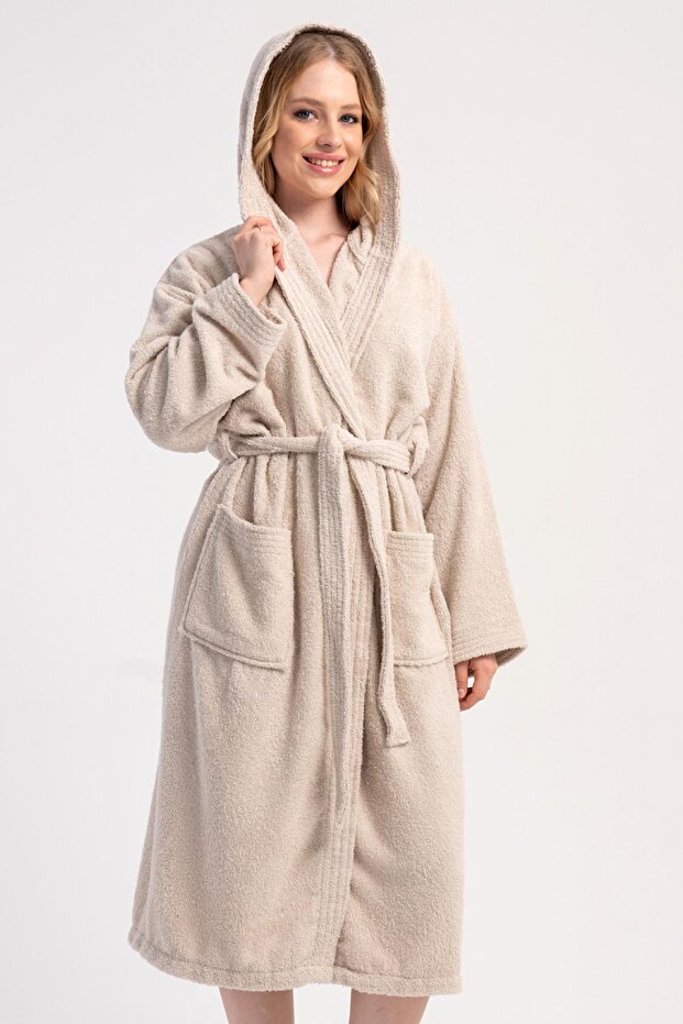 Women's Hooded Belted Ecru Bathrobe with Pockets C9T6N8161