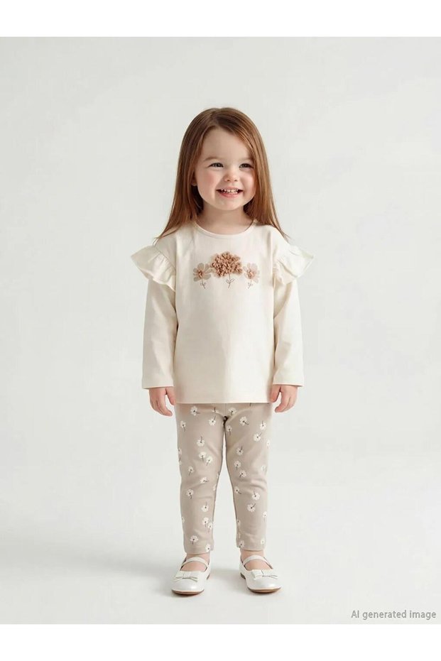 Ecru Floral Printed Baby Girl T-Shirt and Sweatpants Set (S6)