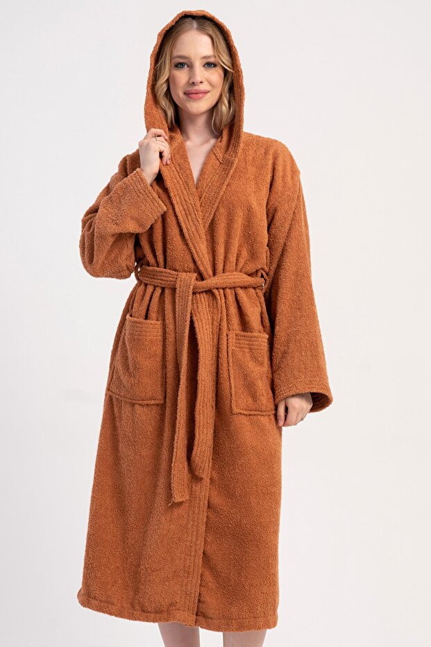 Women's Hooded Belted Tile Bathrobe with Pockets C9T6N8161