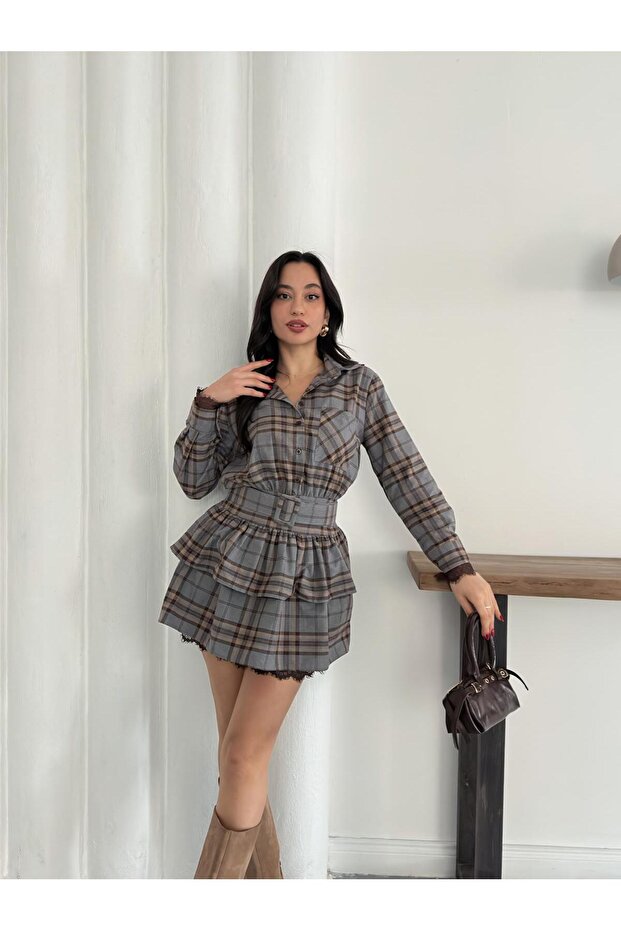 Women's Lace Detail Plaid Pattern Belted Dress