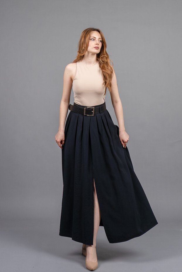 Women's Winter Black Belted Elastic Waist Maxi Long Skirt Stylish Daily Comfortable 6856