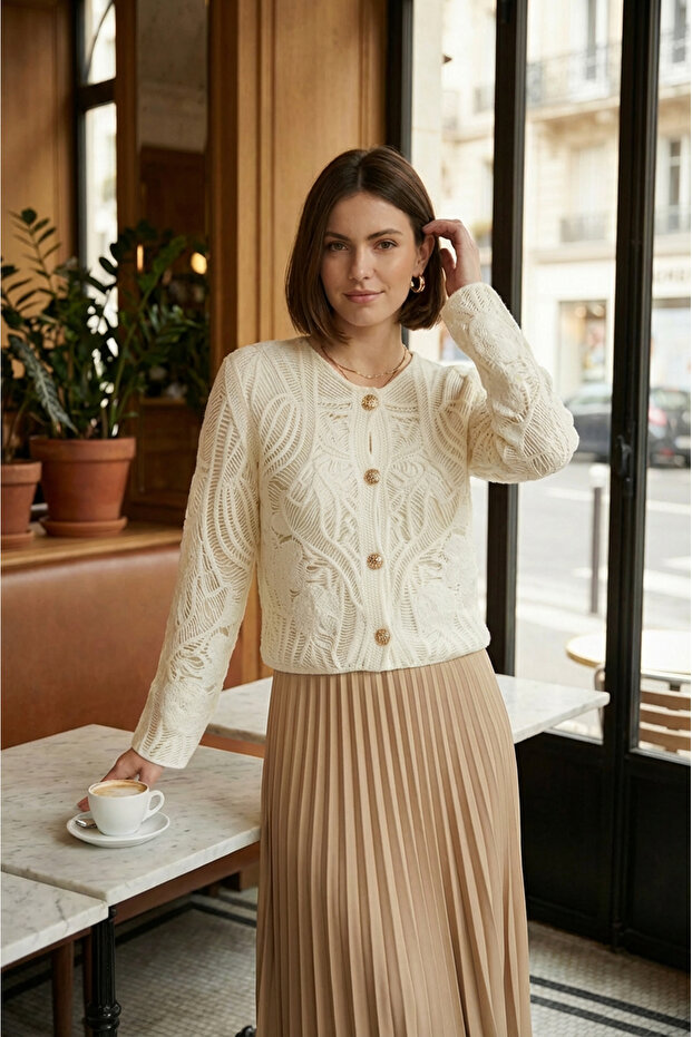 dantel desenli gold düğmeli basic ceket - 2