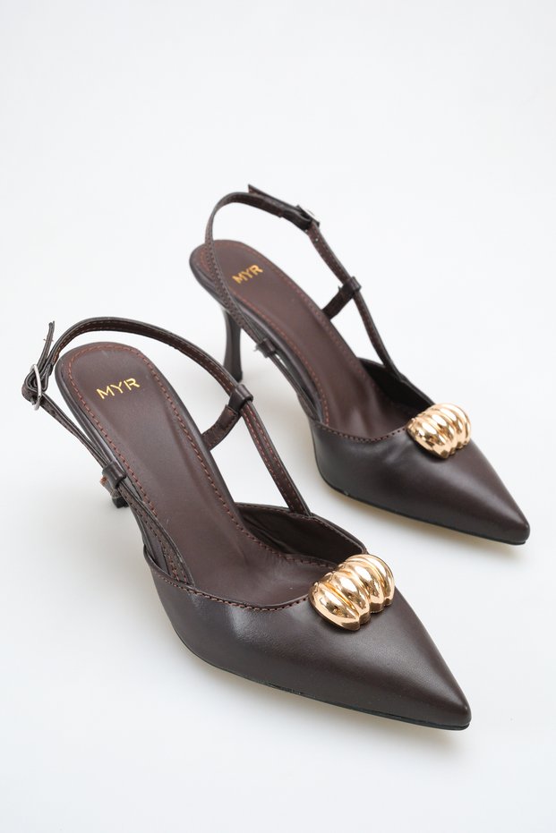 Women's Buckle Detailed Heeled Shoes Bitter Brown Skin