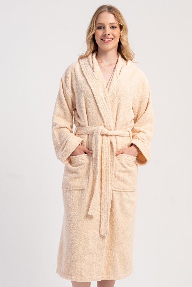 Women's Hooded Belted Beige Bathrobe with Pockets C9T6N8161