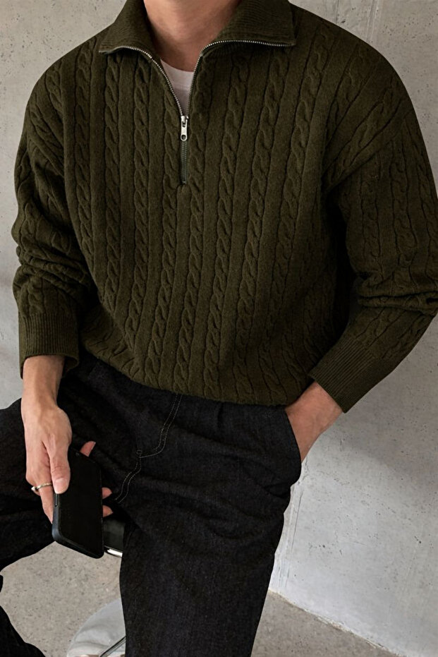 Men's Khaki Half-Zipper Hair Knit Sweater