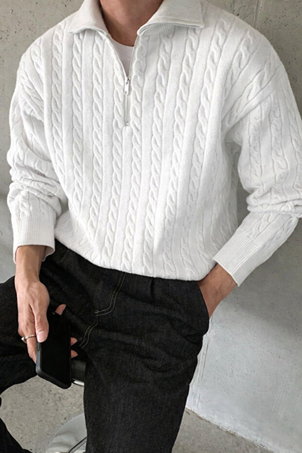 Men's White Half-Zipper Hair Knit Sweater