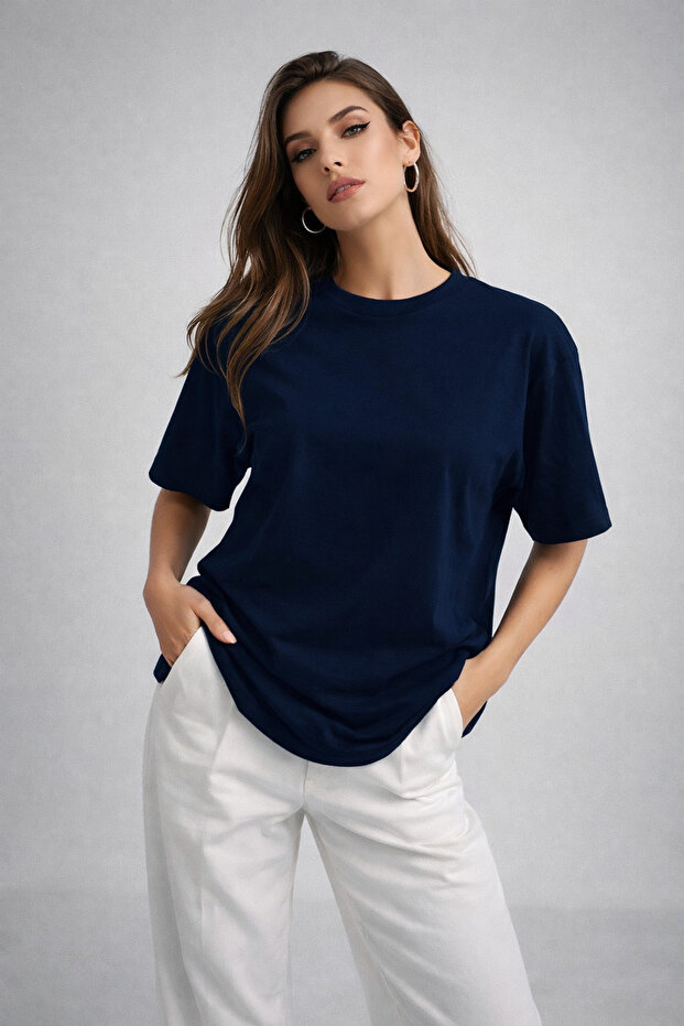 Women's Navy Blue Crew Neck Oversized Cotton T-Shirt