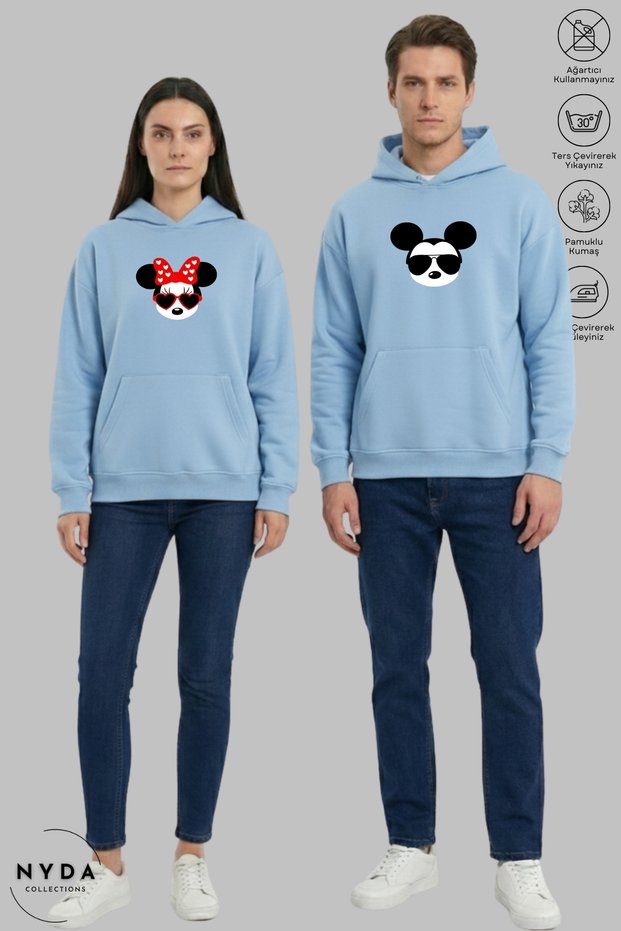 Lover Couple Combination Mickey Minnie Printed Hoodie Hooded Fleece-Lined Oversized Sweatshirt Set of 2