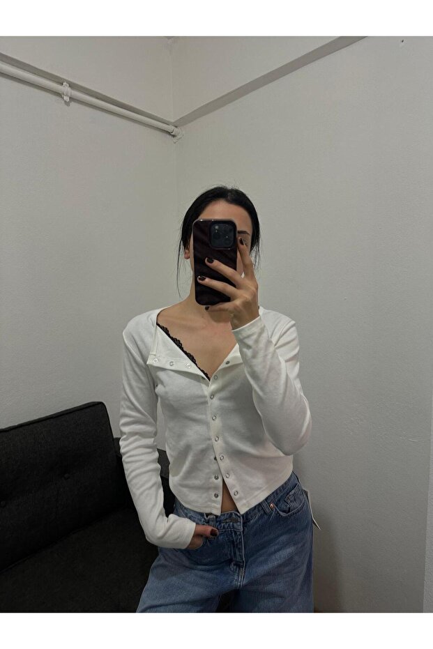 düğmeli crop bluz - 2