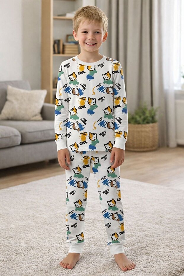 Child-Baby Printed Interlock Fabric Long-Sleeved, Elasticized Leg Pajama Set, 100% Cotton
