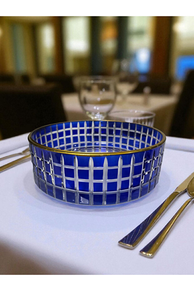 Gold Edged Square Decor Cut Crystal Glass Salad Bowl 25 cm Diameter