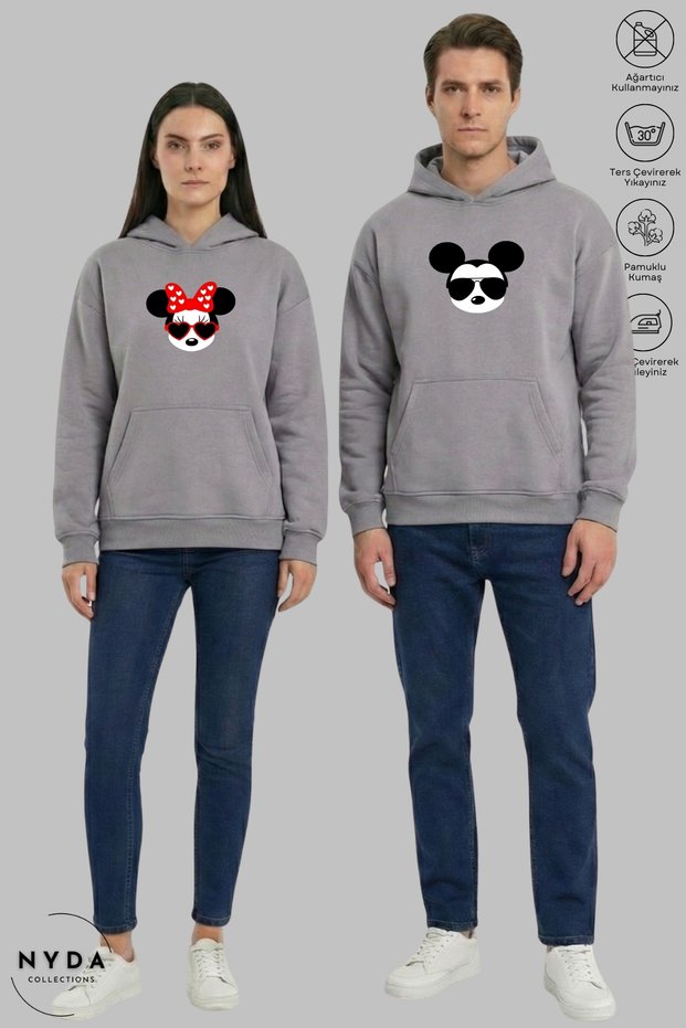 Lover Couple Combination Mickey Minnie Printed Hoodie Hooded Fleece-Lined Oversized Sweatshirt Set of 2