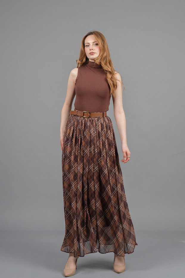 Women's Winter Tan Tulle Chiffon Lined Maxi Skirt Stylish Daily Comfortable 6857