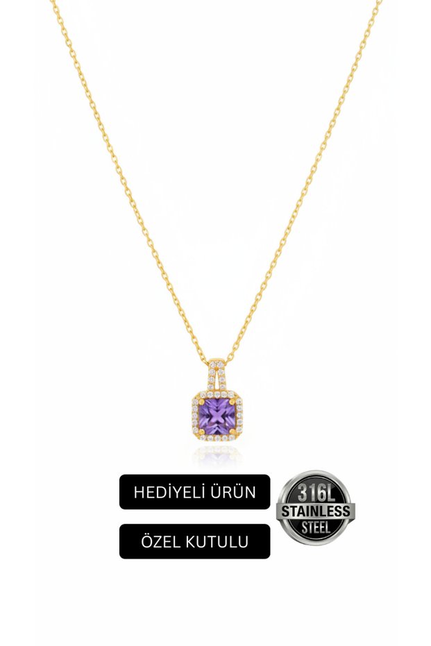 Purple Zircon Stone Necklace Stainless Steel Gold Color Chain Necklace
