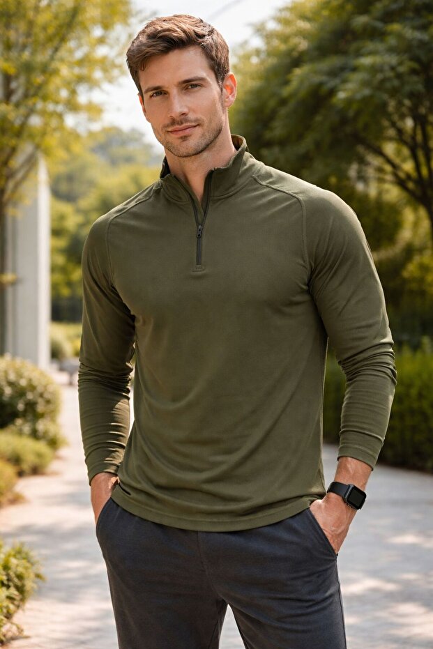 Men's Half Zipper Thermal Sweatshirt Khaki Long Sleeve Sports Outdoor Top