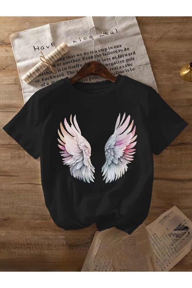 Basic T-Shirt with Angel Wings Print Detail