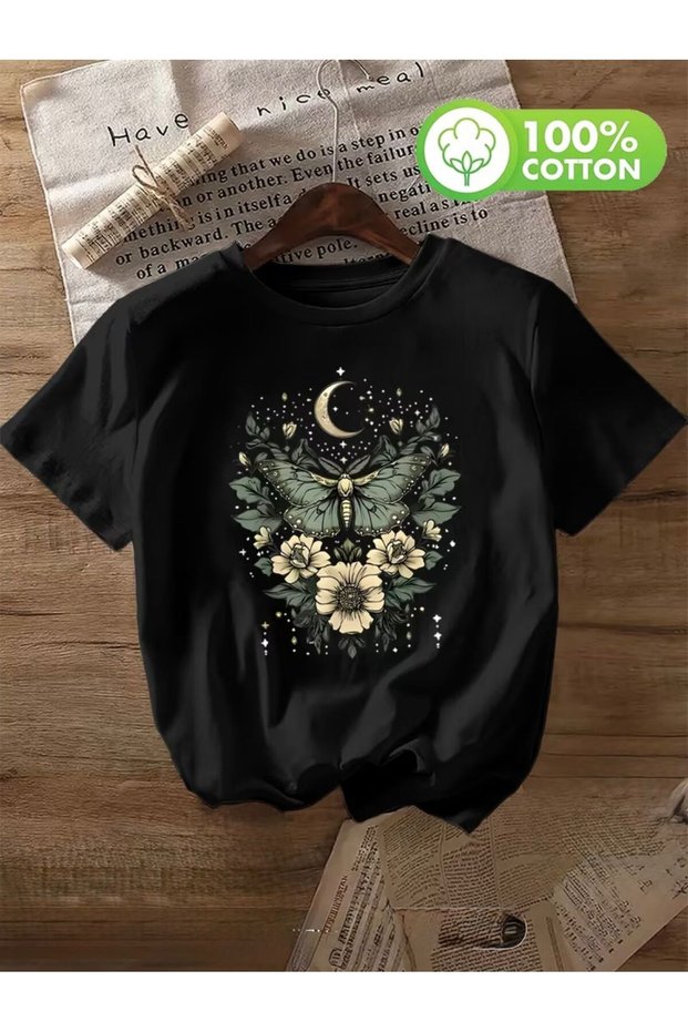 Basic T-Shirt with Butterfly Flower Print Detail