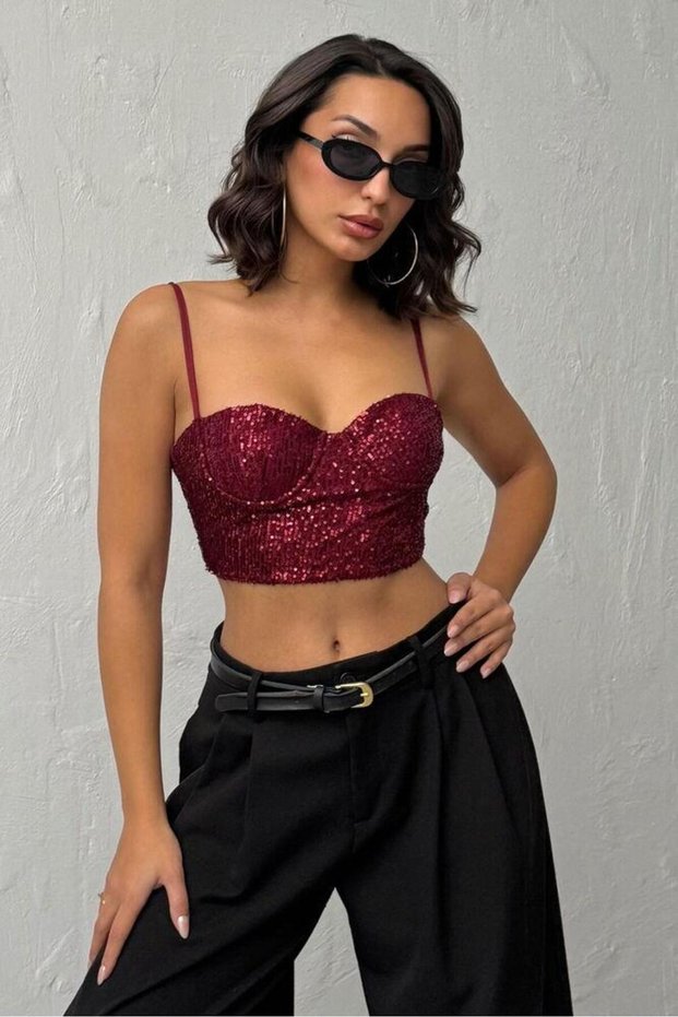 Seduction Payetli Büstiyer Bordo