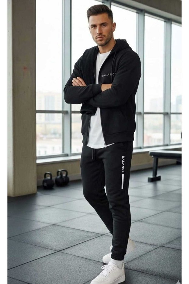 Hooded Balance Printed Black Top and Bottom Tracksuit Set - Cardigan Premium Fabric