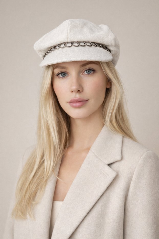 Women's Cap Hat with Chain Detail - Stylish Captain's Cap with Chain Detail