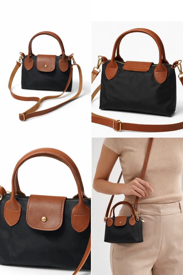 Mini Fabric Black, Tan Leather Detailed, Gold Color Accessories, Strap Women's Hand and Shoulder Bag