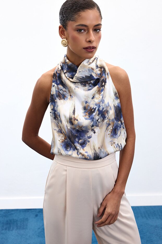 منسدل بلوزة بتصميم هالتر كولور - نيلي - 3