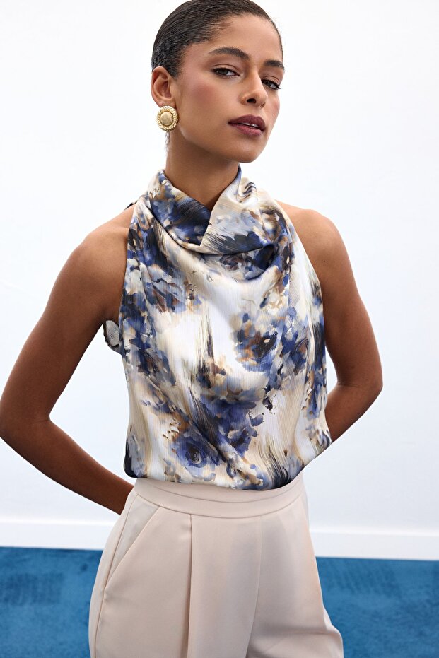 منسدل بلوزة بتصميم هالتر كولور - نيلي - 5