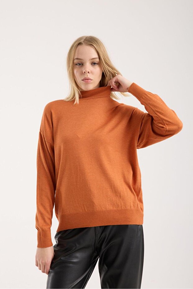 Kadın triko kazak yumuşak doku dik yaka basic - 1