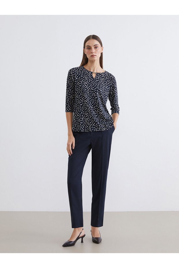 Create Your Style with Uzg Store: Navy Blue Elastic Waist Women's Trousers with Stitching Detail
