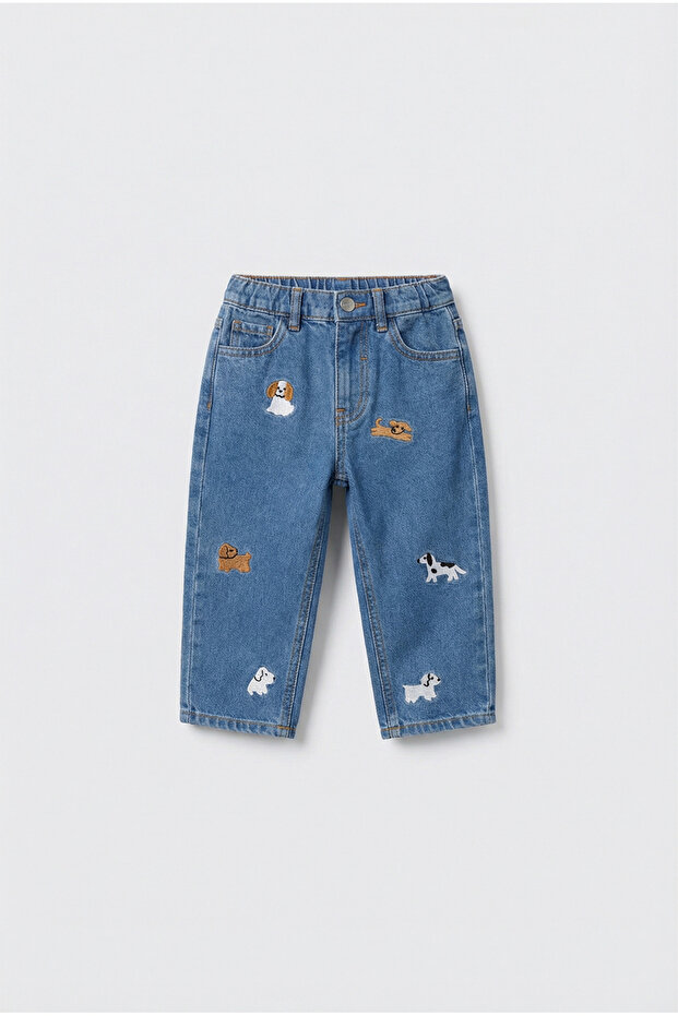 Boys' cotton blue denim pants – dog embroidered