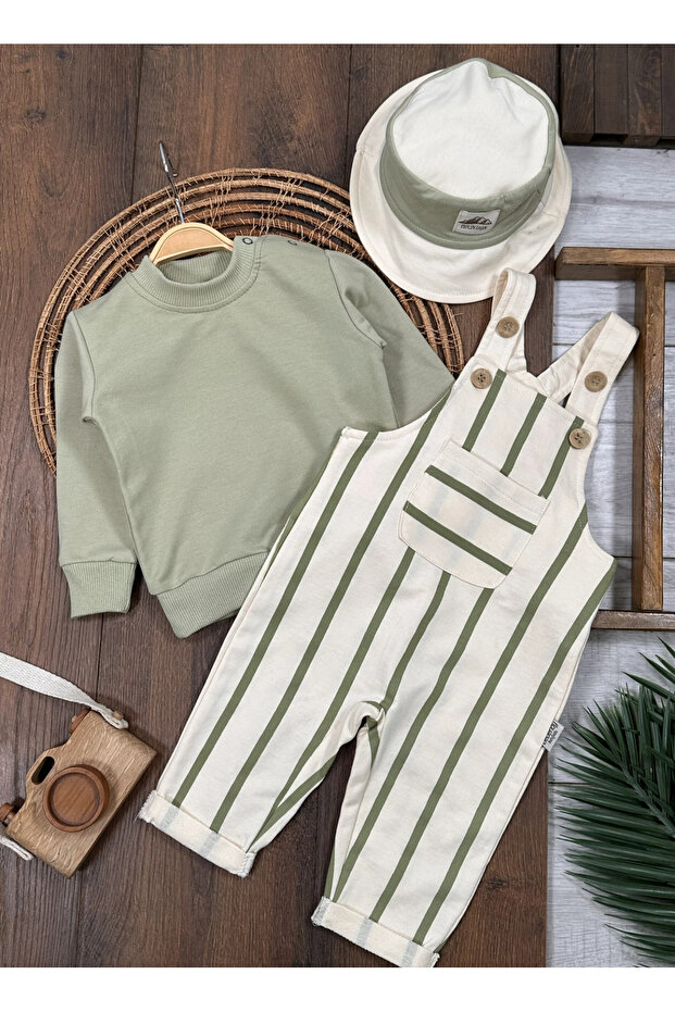 Striped Safari Hat Shoulder Snap Sweatshirt Dungaree 3-Piece Baby Boy Set