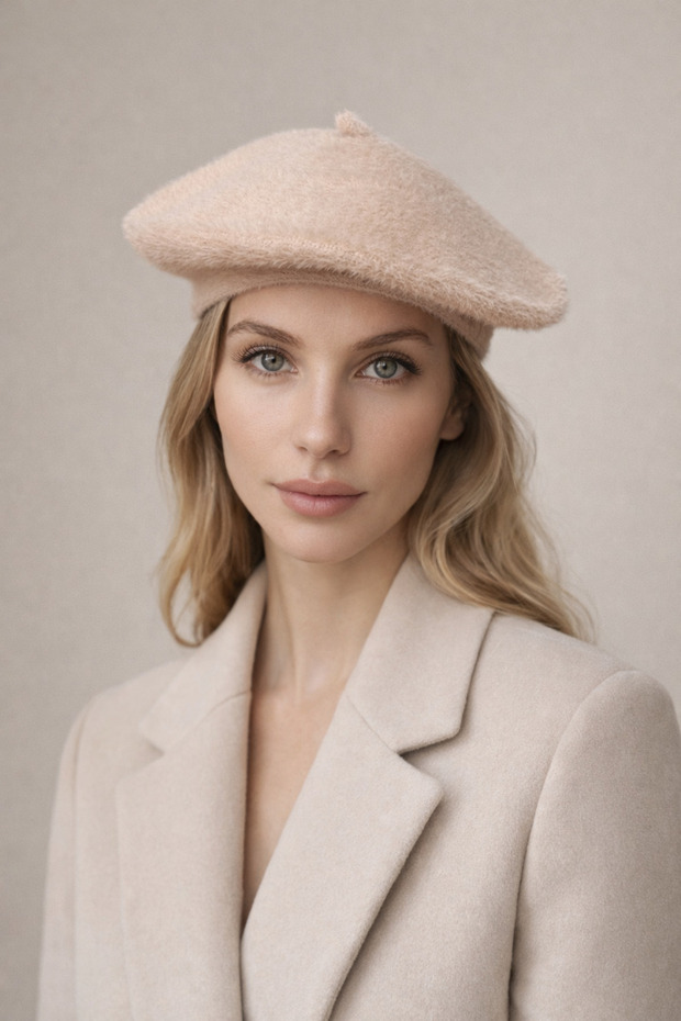 Women's Painter Beret French Beige - Plush Soft Wool Angora Hat