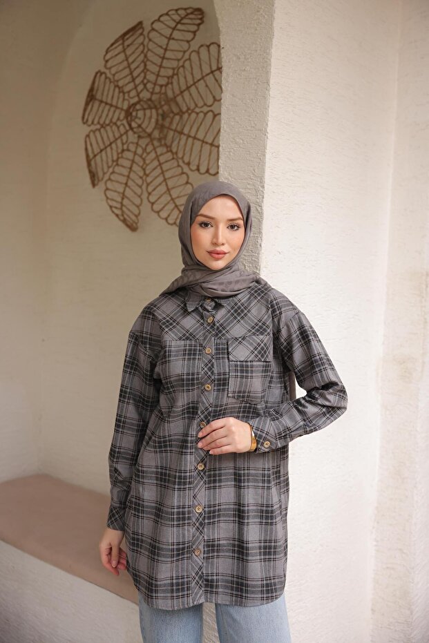 Patterned Pocketed Long Cut Plaid Shirt - (38-46) - 71368 - Gray