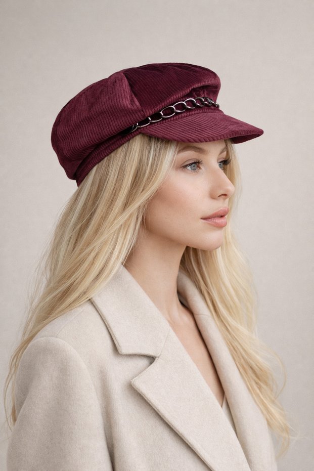Women's Cap Hat with Chain Detail Burgundy - Velvet Brimmed Captain Style