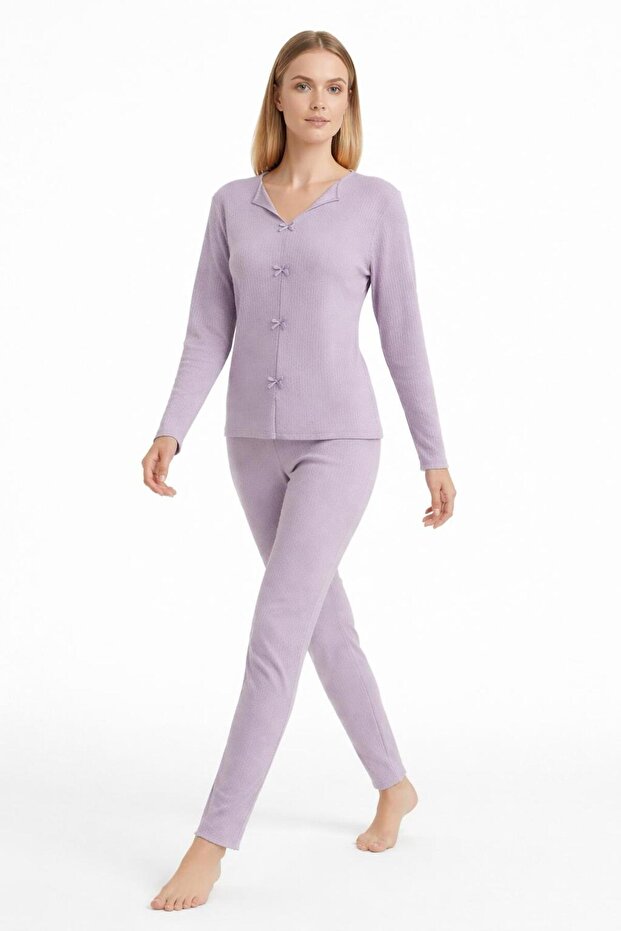 Corded Fabric Soft Cotton Bow Detailed Long Sleeve Women's Pajama Set Lila