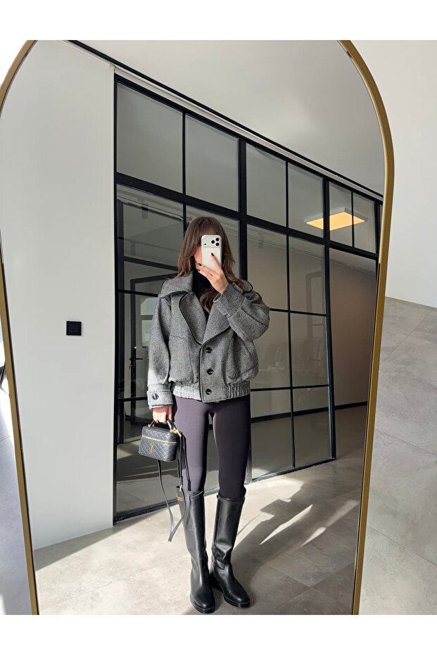 معطف بومبر رمادي أنثراسايت بنقشة جلد السمك - 4