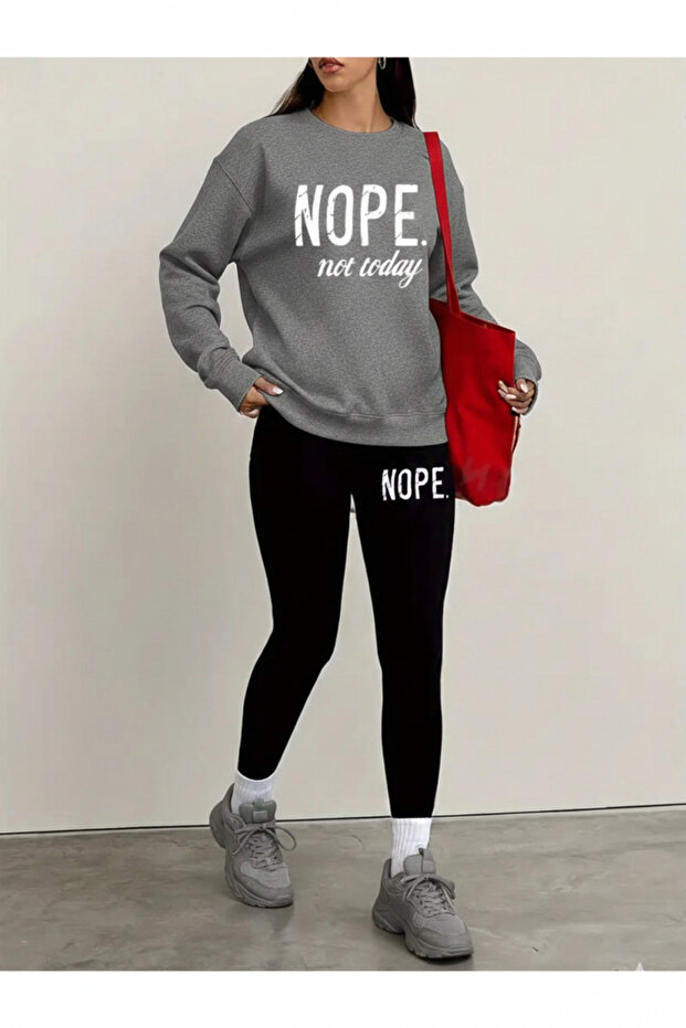 Women's Black Leggings - Gray Sweatshirt Set 2-Piece Combination Oversized Casual Boyfriend Style