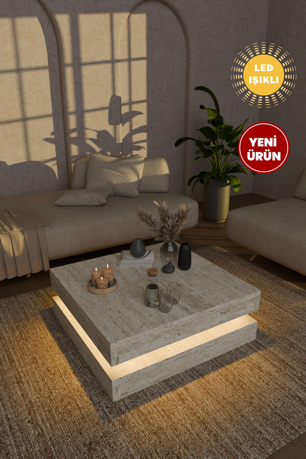 webotto 8 Dammas Led Işıklı Kare Orta Sehpa Modern 2 Katlı Orta Sehpa İkonik Tasarım Sehpa Traverten Desen