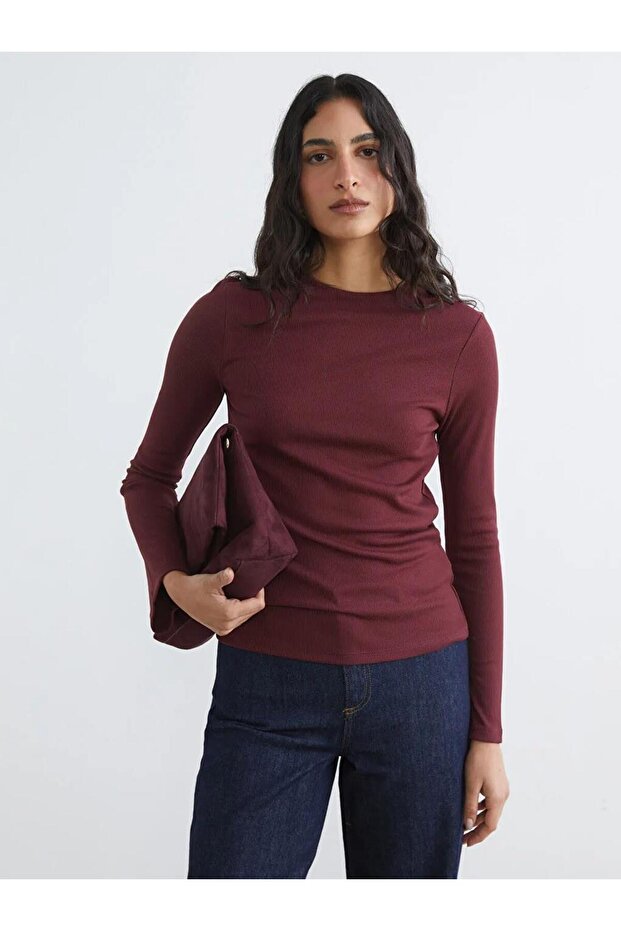 Black Crew Neck Corded Fabric Women's Bodysuit (S6)