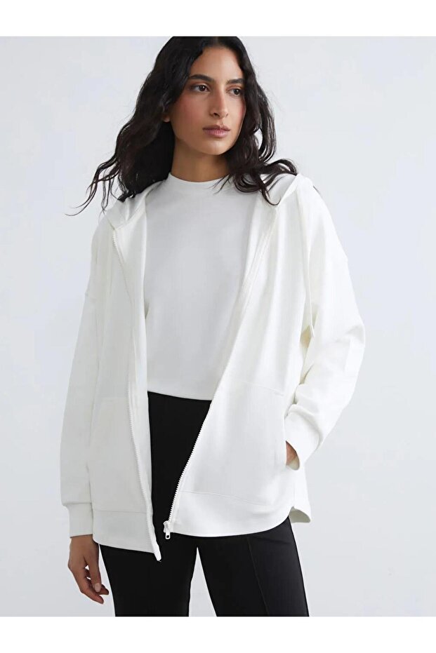 Beige Hooded Soft Touch Women's Zippered Sweatshirt (S6)