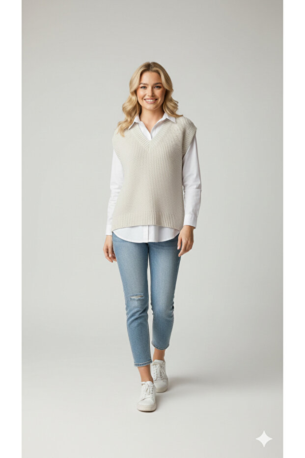 Kadın Basic V Yaka Rahat Kalıp Triko Süveter - 2