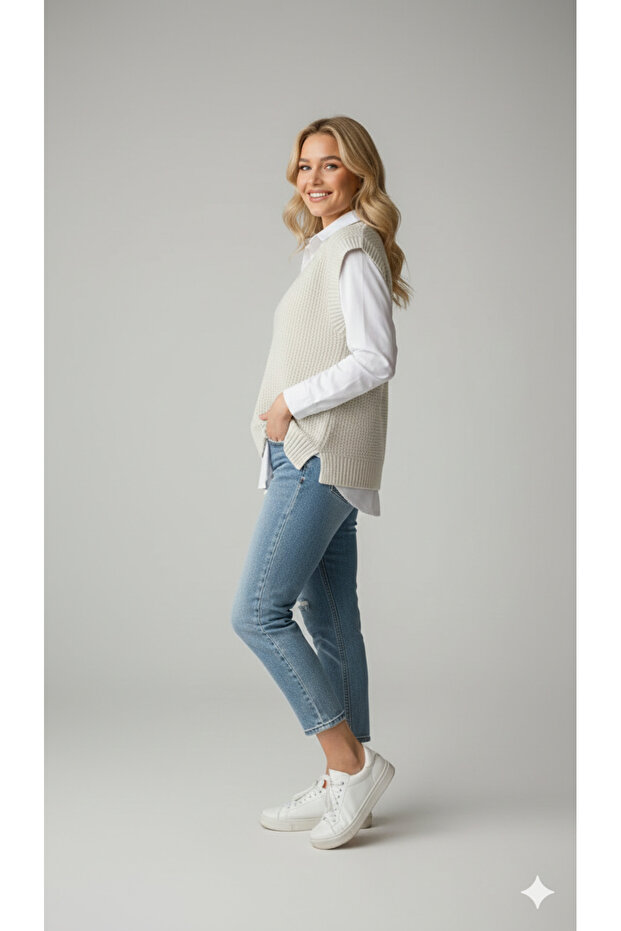 Kadın Basic V Yaka Rahat Kalıp Triko Süveter - 4