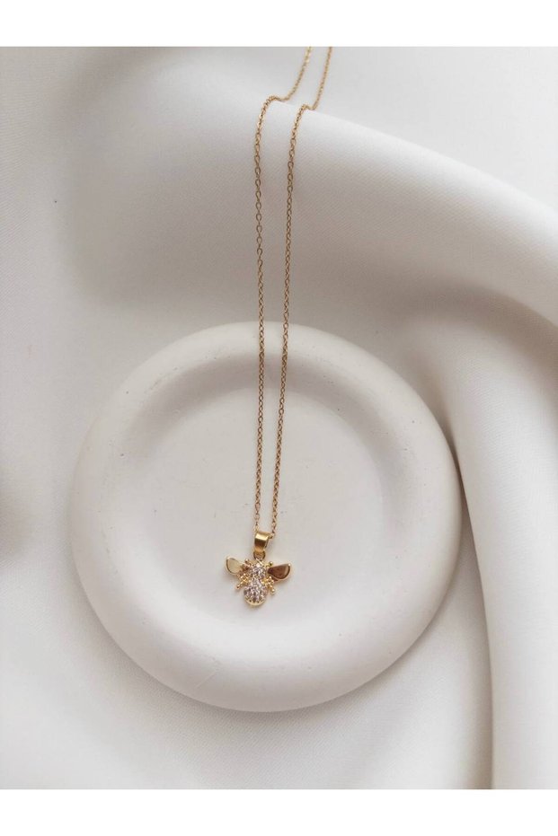 Gold Color Necklace with Zircon Stone and Bee Figure - Steel Chain Necklace with Bee Figure - Necklace with Bee Figure