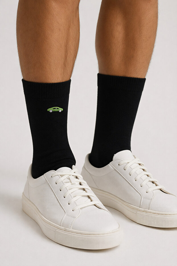 Men's Green Car Embroidered Socks Black