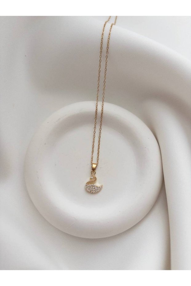 Swan Figured Necklace - Swan Necklace with Zircon Stones - Steel Chain Swan Necklace